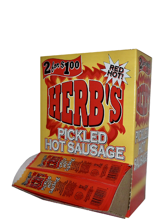 Herb's Red Hot Sausage 50 count box of .7 oz snacks - Amish Country Snacks