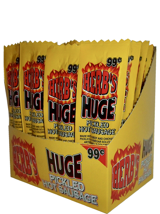 Herb's Huge Hot Sausage 20 count box of 1.5 oz snacks - Amish Country Snacks